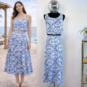 Joie Mosaic Print Crop‎ Top and Midi Skirt Set, NWT Women's XL, Santorini Blue